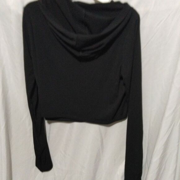 FOREVER 21 Cropped Hooded Sweatshirt Women's Size M BLACK STRETCH Hoodie - Picture 6 of 8